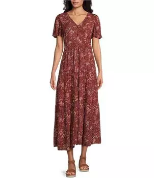 Платье макси трапециевидной формы с короткими рукавами и пуговицами спереди с цветочным принтом и V-образным вырезом в западном направлении Westbound, цветочный