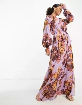 Платье макси трапеции ASOS с ярким цветочным принтом, эластичным вырезом, завязывающимся поясом и присборенными манжетами