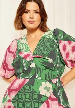 Платье макси TWIST FRONT PUFF SLEEVE REGULAR FIT Curves Like These, зеленый