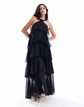Платье макси Vero Moda Felicia с халтер-воротом, многоярусным вырезом и корсажем, темно-синего цвета