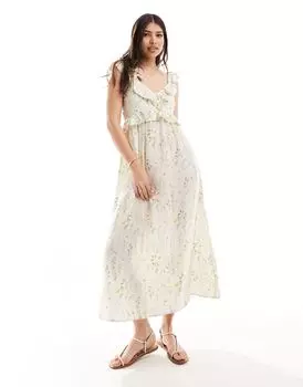 Платье макси Vero Moda с цветочным принтом, глубоким v-образным вырезом и рюшами
