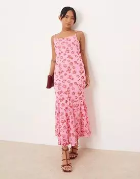 Платье-макси Vila Petite с квадратным вырезом и сетчатым узором в виде камилавки с розовым цветочным принтом