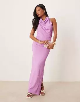 Платье макси Vila petite с текстурой, воротником-хомутиком и открытой спиной фиолетового цвета