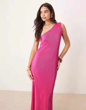 Платье макси Vila plisse на одно плечо без рукавов малиново-розового цвета