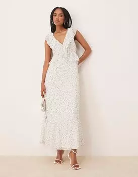 Платье макси Vila с оборками в мелкий голубой цветочный узор