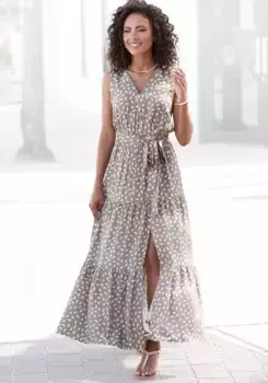 Платье макси Vivance (с поясом) и принтом по всей поверхности, летнее платье с разрезом, кремовый