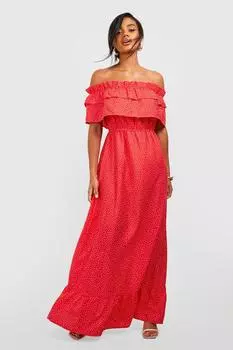 Платье макси в гороток с рубками Boohoo, красный