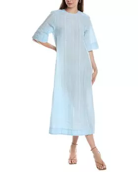 Платье макси в клетку GANNI из ткани сирсакер, синий