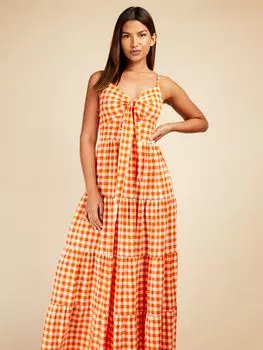 Платье макси в мелкую клетку Little Mistress, оранжевое
