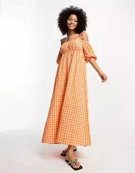 Платье макси в розово-оранжевую клетку с вырезом Bardot ASOS из хлопка со сборками на груди