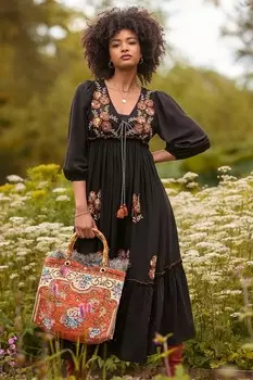 Платье макси в стиле бохо с цветочной вышивкой и кисточками Joe Browns, черный