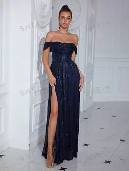 Платье-макси вечернее Adyce с разрезом и пайетками, синий