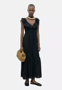 Платье макси WITH RUFFLE NECKLINE Mango, черный