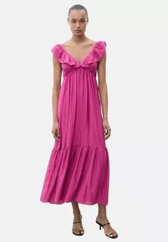Платье макси WITH RUFFLE NECKLINE Mango, розовый