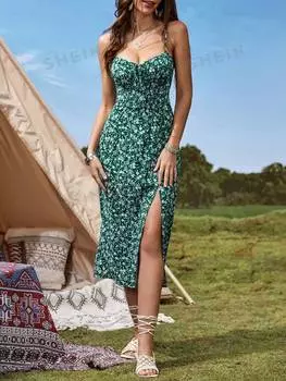 Платье-макси женское Shein Vcay с цветочным принтом, зеленый