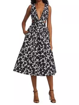 Платье Michael Kors Collection расклешенное с вырезом и цветочным принтом, черный/белый