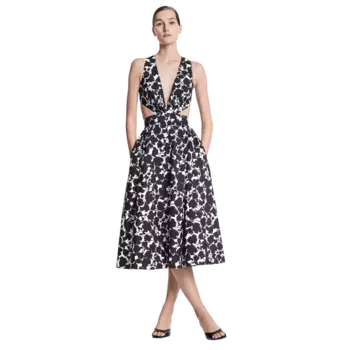 Платье Michael Kors Floral Cotton and Silk Faille Cutout, черно-белый