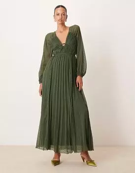 Платье мидакси ASOS DESIGN с глубоким декольте, длинными рукавами и складками цвета хаки