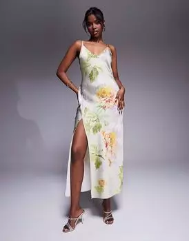Платье мидакси из атласа ASOS DESIGN с V-образным вырезом и разрезом, с зеленым цветочным принтом