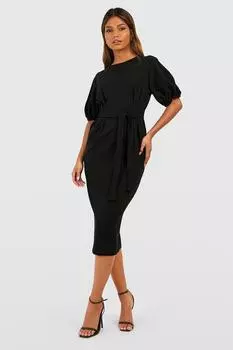 Платье мидакси из крепа со складками и пышными рукавами спереди и поясом boohoo, черный