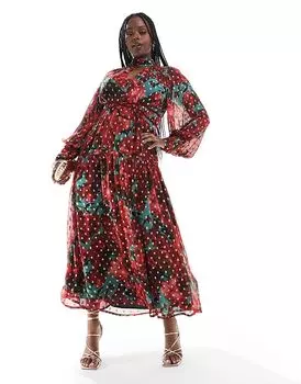 Платье midaxi из металлизированной сетки добби с красным цветочным узором Hope & Ivy