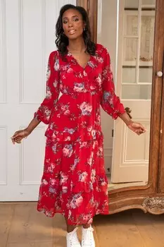 Платье Midaxi из переработанного шифона с рюшами Pour Moi, красный