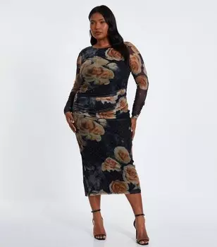 Платье мидакси из сетки с цветочным принтом и стразами QUIZ Curves QUIZ, черный