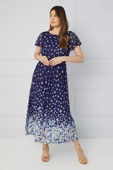 Платье мидакси из сетки с принтом и высоким низким вырезом Wallis, темно-синий