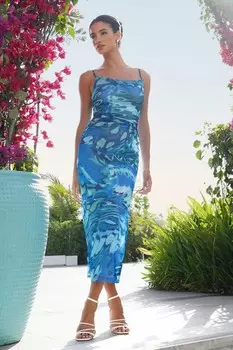 Платье Midaxi из сетки с принтом синих бабочек и сборками QUIZ Clothing