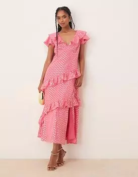 Платье мидакси Lovedrobe с рукавами-крылышками и v-образным вырезом, оборками, розового цвета