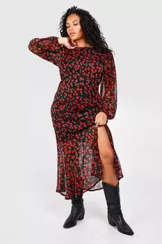 Платье мидакси на подкладке с вишневым принтом Plus boohoo, красный