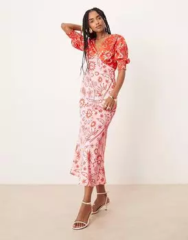 Платье мидакси Never Fully Dressed с принтом пальм в контрастных тонах красного и розового цвета