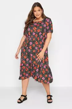 Платье мидакси с цветочным принтом и широким вырезом Yours, черный