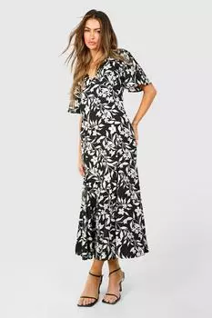 Платье мидакси с цветочным принтом и рукавами ангела boohoo, черный