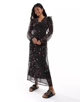 Платье мидакси с цветочным принтом и оборками в горошек черного цвета Wednesday's Girl