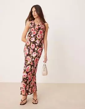 Платье мидакси с цветочным принтом Mango и воротником-хомут коричневого цвета