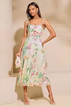 Платье мидакси с цветочным принтом на бретельках годе в форме сердца Lipsy, бежевый