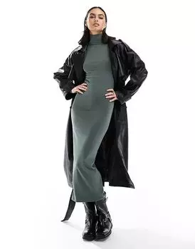 Платье мидакси с длинными рукавами цвета хаки Pull&Bear