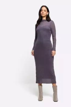 Платье мидакси с длинными рукавами и сетчатой отделкой River Island, серый
