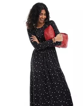 Платье мидакси с длинными рукавами и пятнами в черном и кремовом цвете Wednesday's Girl