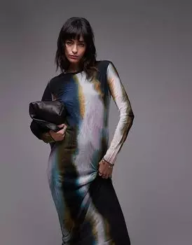 Платье мидакси с длинными рукавами омбре в многоцветном цвете Topshop