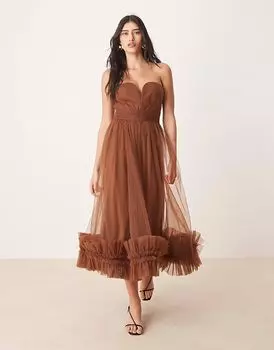 Платье мидакси с корсетом из тюля и оборками на подоле из кружева и бисера коричневого цвета Lace & Beads