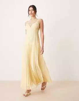Платье мидакси с кружевным лифом и плиссированной юбкой ASOS DESIGN лимонного цвета