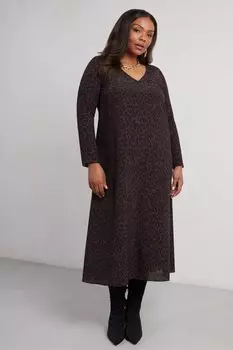 Платье мидакси с леопардовым принтом и v образным вырезом, длинными рукавами Live Unlimited, черный