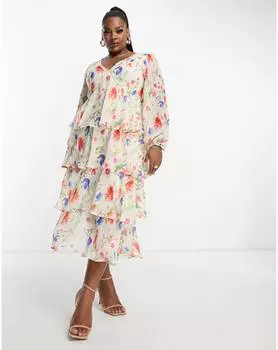 Платье мидакси с оборками и цветочным принтом Pretty Lavish Curve