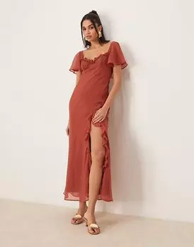 Платье мидакси с открытыми плечами и кружевной отделкой ASOS DESIGN цвета ржавчины