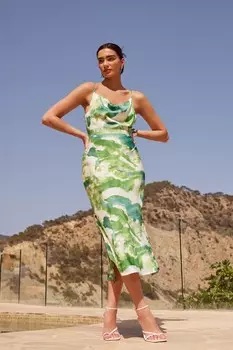 Платье Midaxi с принтом зеленого мрамора и воротником-хомутиком QUIZ Clothing