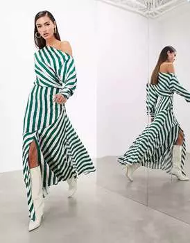 Платье мидакси с приспущенными плечами ASOS в зеленую полоску