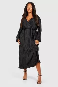 Платье мидакси с широким плиссированным запахом и плюсом boohoo, черный