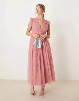 Платье мидакси с V-образным вырезом и водопадом цвета пыльной розы Anaya